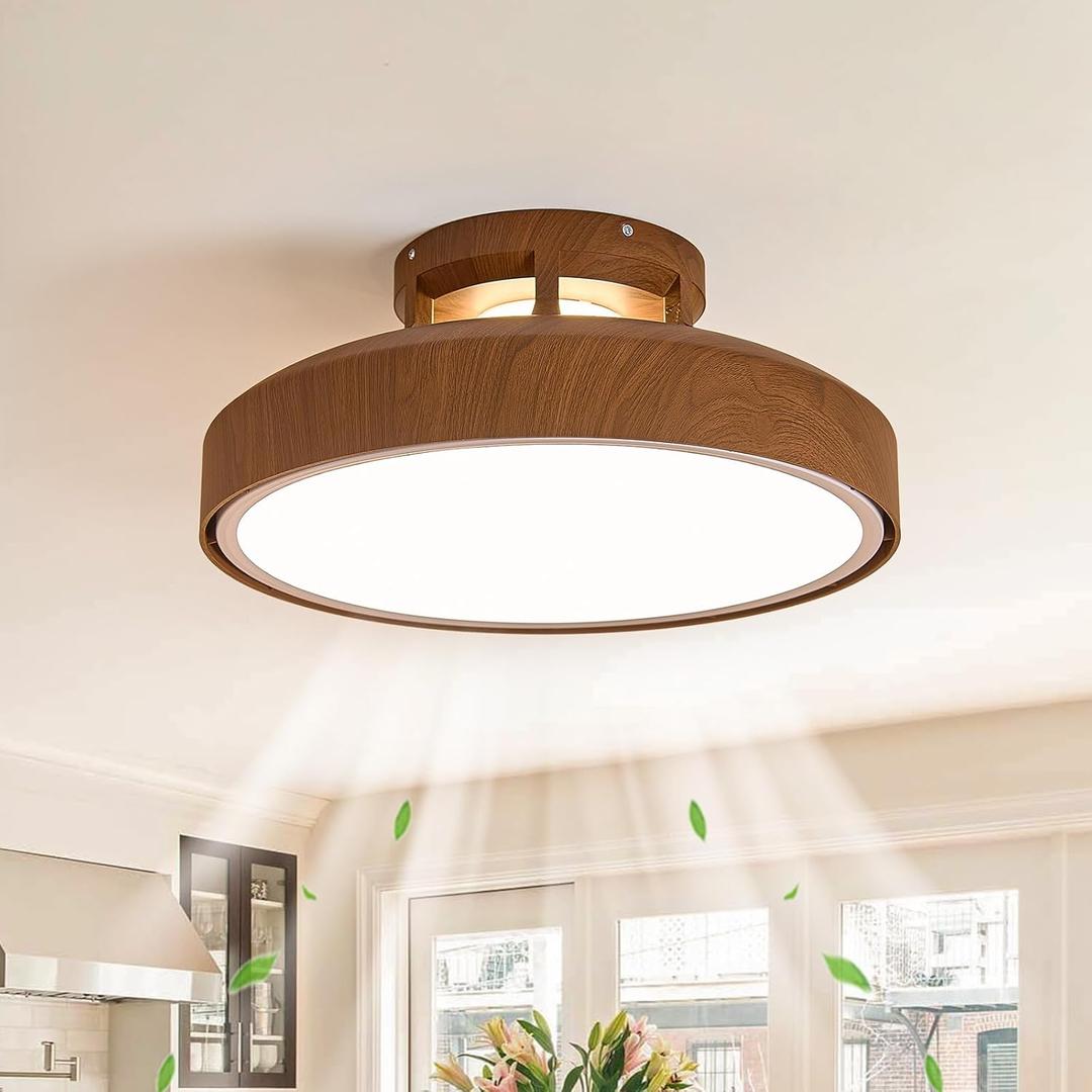 Bladeless Ceiling Fans with Lights and Remote, 18.9" Farmhouse Embedded Ceiling Fan Light, Flush Mount Dimmable LED Chanelier Fan for Bedroom,Walnut Color, D18.9