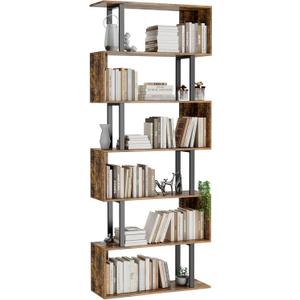 Gadroad 6 Tier Geometric Bookcase,S Shaped Bookshelf, Wood Decorative Storage Shelving, Modern Freestanding Display Shelves, Tall Book Shelf Unit for Living Room Bedroom, Rustic Brown, 27.56"W x 74.2"H