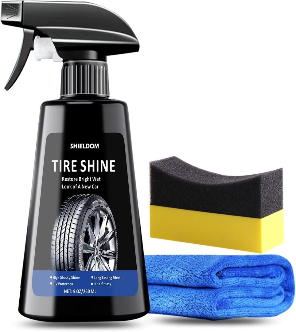 Tire Shine Spray Deep Tire Black Finish Long-Lasting UV Protection High Gloss Tire Coating Showroom New Wet Shine with Easy Applicator Pad & Towel Safe for Cars, Trucks, SUVs, RVs - 9 fl oz