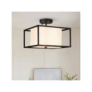 15.7" Industrial Drum Ceiling Light - Semi Flush Mount with Black Metal Frame & Fabric Shade for Bedroom, Hallway, Kitchen