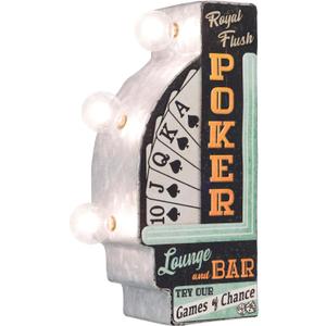 Poker Double-Sided Marquee Sign With LED Bulbs Vintage Inspired Retro Wall Decor For The Man Cave, Game Room, Arcade, Or Home Bar (12" x 5" x 3.5")