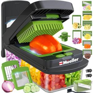 Mueller Pro-Series 10-in-1, 8 Blade Vegetable Chopper, Onion Mincer, Cutter, Dicer, Egg Slicer with Container, French Fry Cutter Potato Slicer, Home Essentials, Salad Chopper,Gray/Green