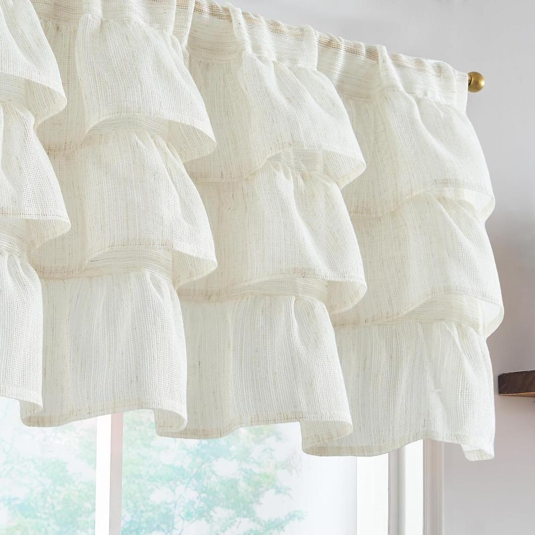jinchan Ruffled Valance Curtain Slubbed Crossed Hatch Kitchen Valance Cottagecore for Living Room 18 Inch Farmhouse Voile Sheer Shabbychic Half Window Treatment Rod Pocket 1 Panel Off White