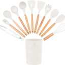 12 Pcs Silicone Cooking Kitchen Utensils Set,Non Stick Silicone Cooking Utensil Set Wooden Handle Heat ResistanceCooking Stirring Tools (White)