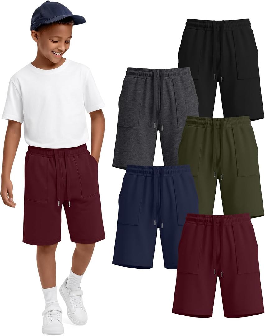 5 Pack Boys Shorts Kids Athletic Summer Knee Length Sweatshort Teen Drawstring for School Short Pocket 6-16Y