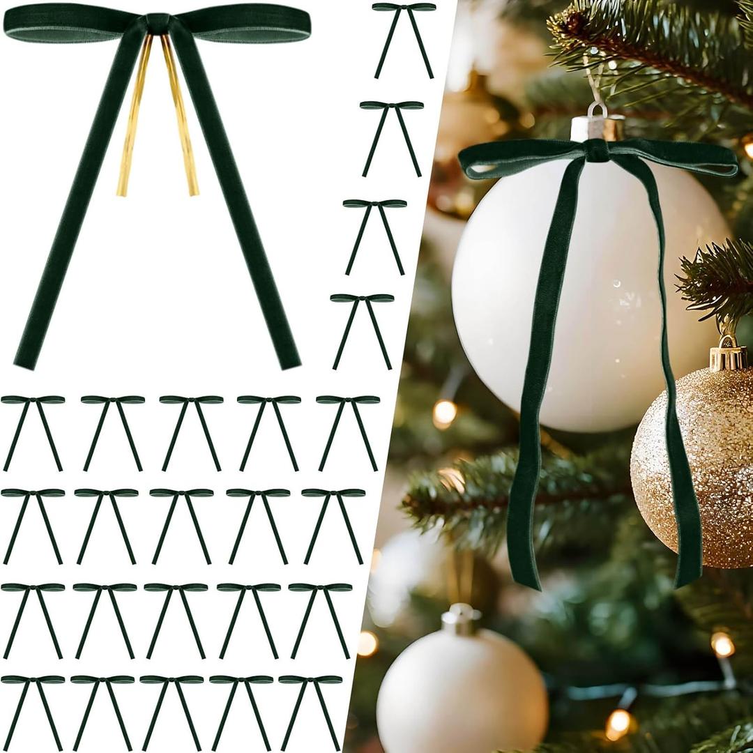 24 Pcs Dark Green Velvet Bows for Christmas Tree Decor, Elegant Velvet Pre-Tied Ribbon Bows Door Garland Vintage Ornaments for Christmas, Wreaths, Gifts and Home Decoration (5x7 Inch, 3/8'' Wide)
