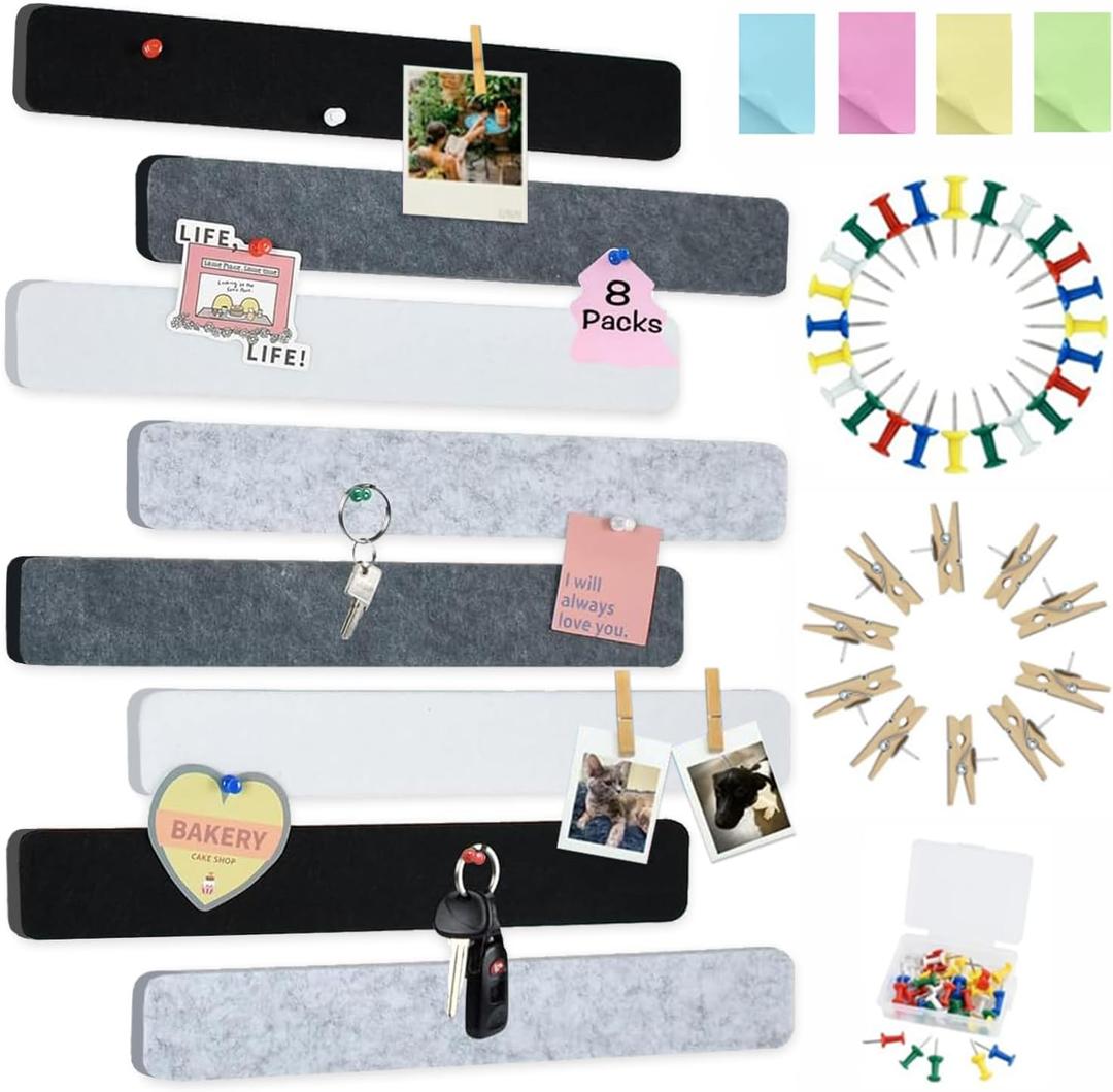 Vuzvuv 8 pcs Bulletin Board Bar Strips with 50 Pushpins & 10 Wooden Clip pinsSelf Adhesive Cork Board for WallFelt Pin Board for SchoolOffice DecorBlack White Grey