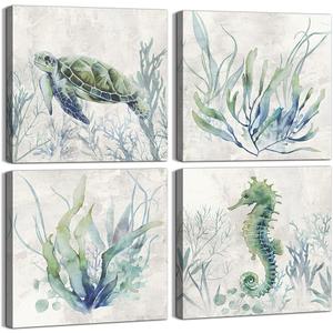 WZSart Marine Animals Plants Canvas Wall Arts Watercolor Sea Turtle Seahorse Seaweed Printed Pictures Artwork Vintage Painting Decoration for Bathroom Living Room Toilet Ready to Hang 16"x16"x4pcs