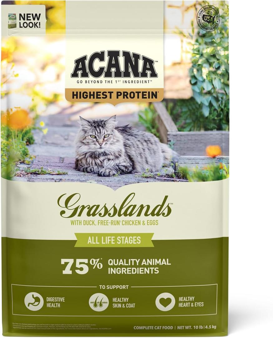 ACANA Grain-free Dry Cat Food Grasslands Chicken Duck Turkey Fish and Quail 10lb Bag, BBD: 27/08/2027