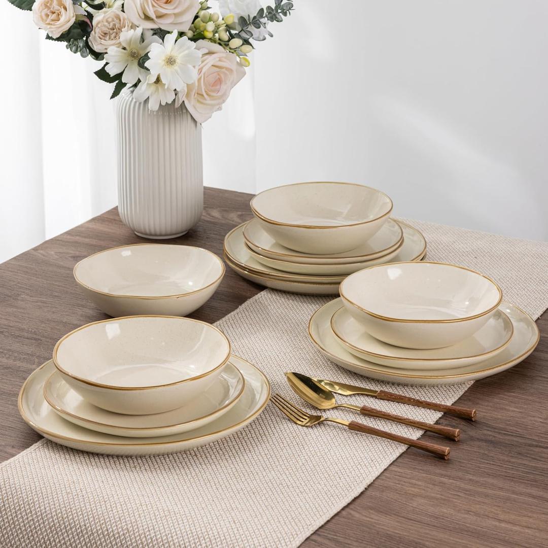 AmorArc Ceramic Dinnerware Sets,Handmade Reactive Glaze Stoneware Plates and Bowls Set,Highly Chip and Crack Resistant | Dishwasher & Microwave Safe Dishes Set,Service for 6 (18pc) (Beige)