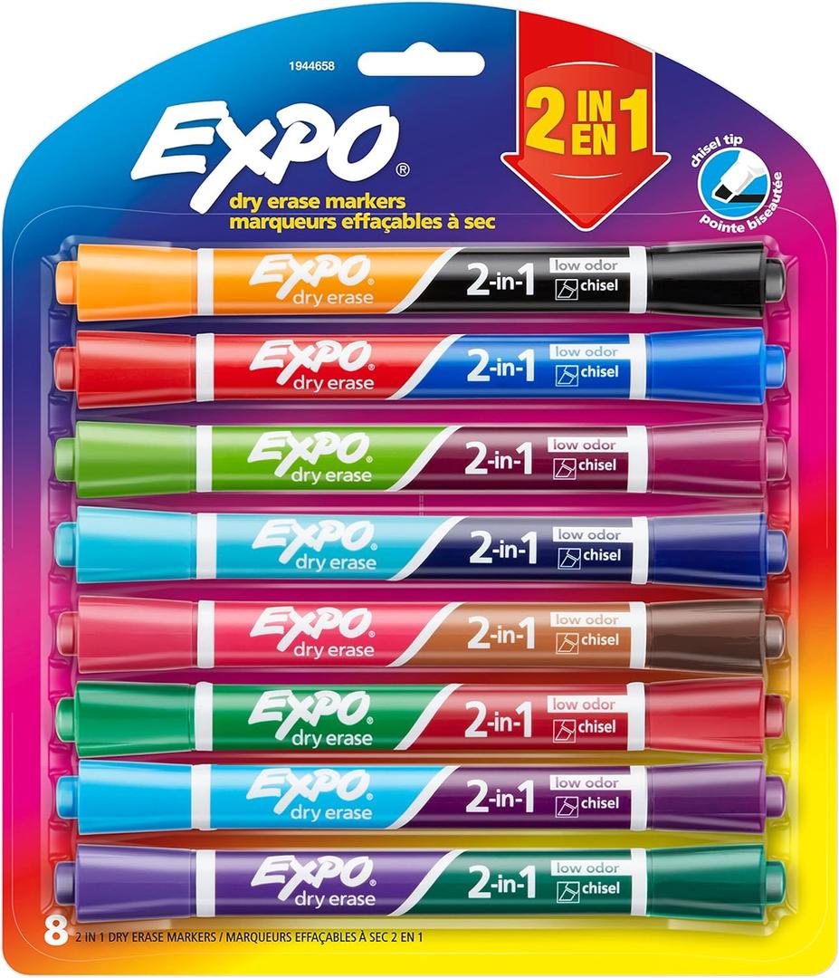 EXPO Dry Erase 2-in-1 Markers, Chisel Tip, Assorted Colors, 8 Count - Whiteboard, School, Classroom, Teacher Supplies