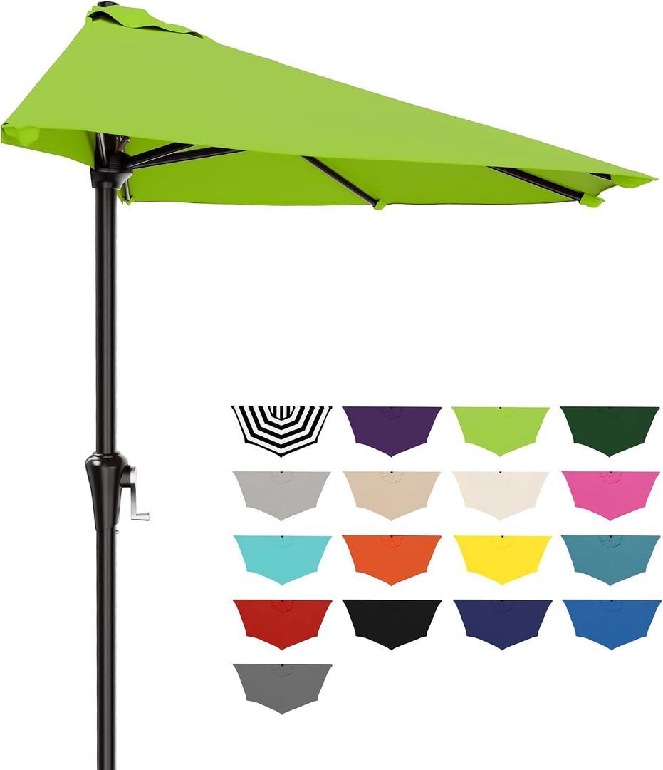 AreShark 9FT Half Patio Umbrella, Outdoor Wall Umbrella with Crank & 5 Sturdy Ribs, Table 1/2 Umbrella Patio for Garden, Deck, Balcony and Pool, Apple Green