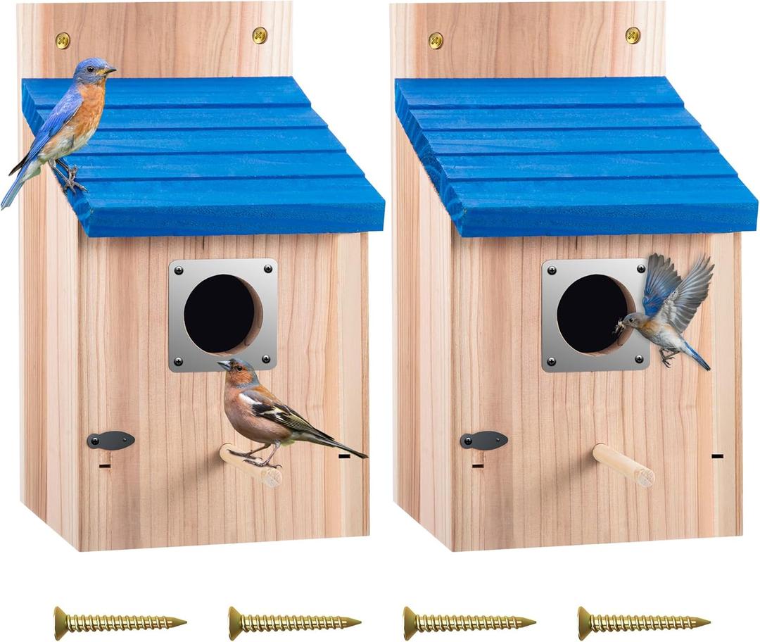 Dreyoo Cedar Bluebird Box Houses for Outside, 1-1/2'' Entrance Hole Wooden Bird Houses with Metal Guard, Secure Latch, Fledgling Grooves, Air Vents for Bluebird Wren Swallow (2 Pack)