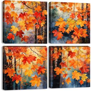 Maple Leaf Wall Art Living Room Country Botanical Pictures Aesthetic Watercolor Red Yellow Plant Leaves Canvas Prints Artwork Burnt Orange Forest Painting for Bedroom Kitchen Home Decoration 12x12 4P
