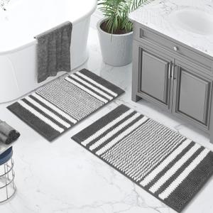 Tindbea Bathroom Rugs Set 2 Piece, Extra Soft and Absorbent Fluffy Striped Chenille Bath Mat Rug Set, Non Slip Bathroom Floor Mat, Machine Washable (20" x 32" Plus 16" x 24", Dark Gray)