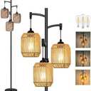 MKPAEI Boho Floor Lamps for Living Room, 65'' Dimmable Farmhouse Rattan Standing Lamp with LED Bulbs, 3 Light Tree Rustic Tall Lamps for Bedroom, Office, Rotary Switch