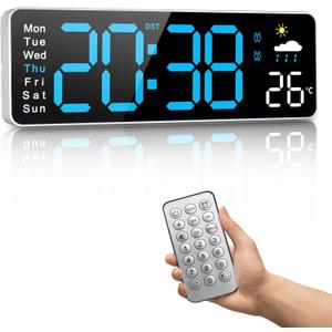 Digital Wall Clock, Digital Clock Large Display, Corded Alarm Clocks with Weatherforecast, Day of the Week, Temp, Humidity, Auto DST, Countdown, for Living Room Bedroom Classroom Office, Blue