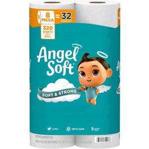 Angel Soft Toilet Paper, 8 Mega Rolls = 32 Regular Rolls, Soft and Strong Toilet Tissue
