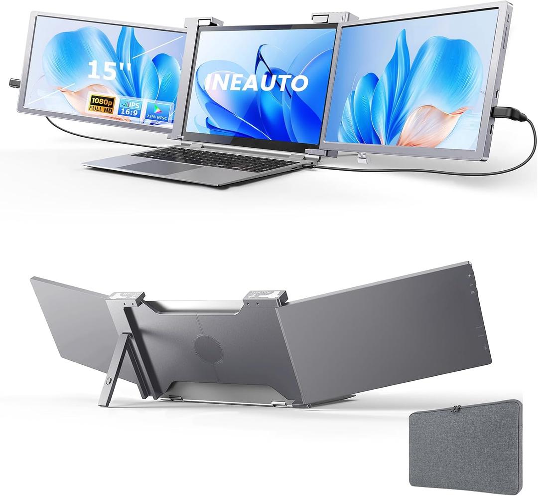 15'' Laptop Screen Extender, 1080P FHD Ultra-Thin Portable Monitor for 15"-17" Laptop with USB-C/HDMI Port, Plug and Play, for Mac/Windows/Android, Triple Screen Ideal for Remote Work & Multitasking (Grey)