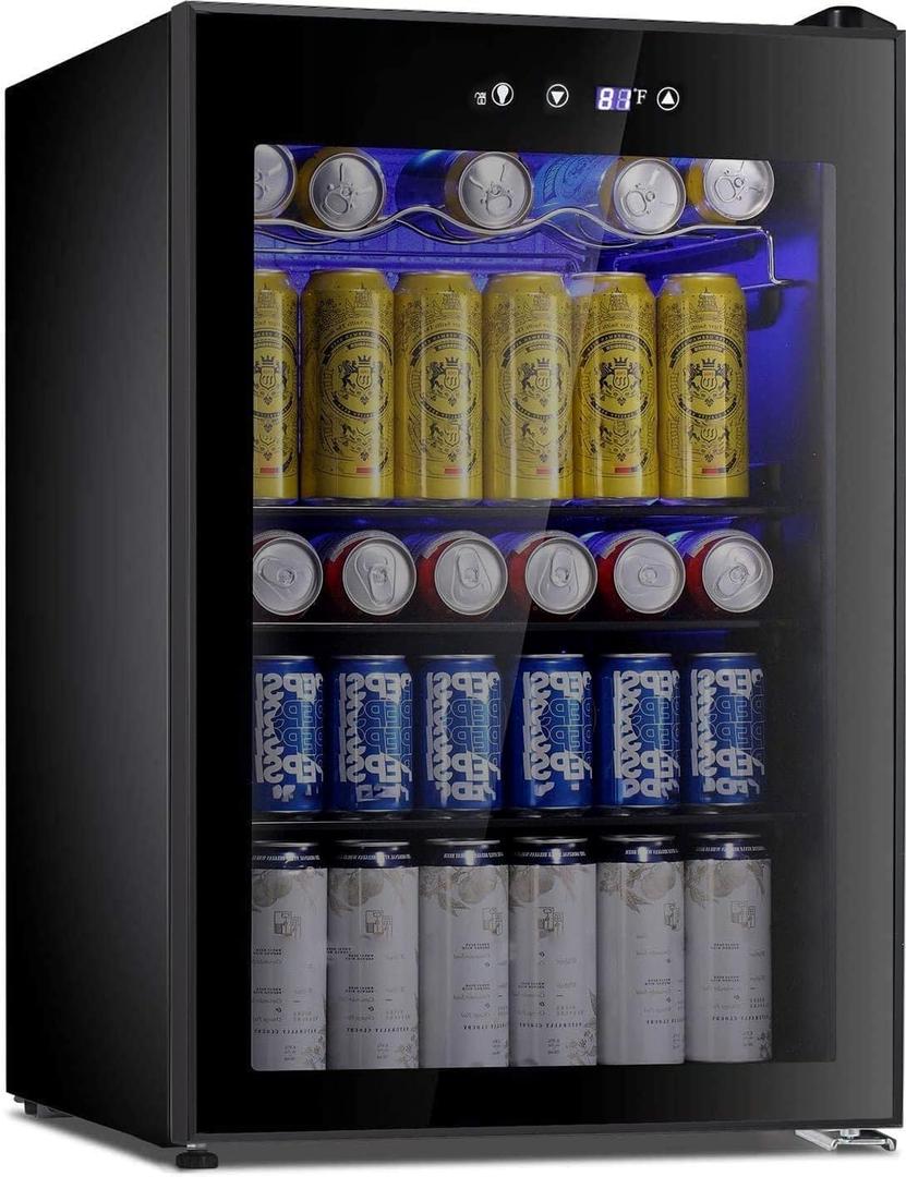 Antarctic Star Beverage Cooler 145 Can Mini Fridge Glass Door for Soda Beer Wine Glass Door Stainless Steel Small Drink Refrigerator Digital Display for Home, Office Bar,4.4cu.ft (Black)