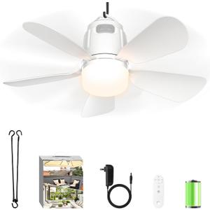Canopy Fan 20'', 20000mAh Portable Outdoor Ceiling Fan with Light with Remote Control and Extension Hook, Easy Operation Battery Powered Fan Light for Gazebo, Tent, Patio, Camping (White)