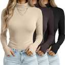 3 Pack Women's Long Sleeve Turtleneck T-Shirts, Thumbhole Slim Fit Base Layer Tops Mock Neck Thermal Underwears (Medium, Cream, Dark Brown, Black)