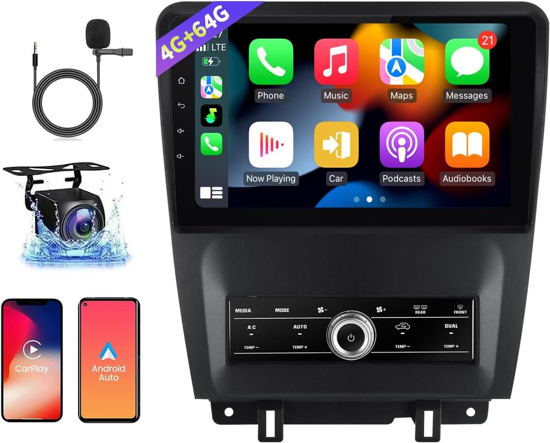 Car Radio for Ford Mustang 2010-2014 Stereo Replacement Android 12 8-Core 4G+64G 10.1" Touch Screen Head Unit with Wireless CarPlay/Android Auto 4G WiFi GPS Navigation DSP with AHD Backup Camera