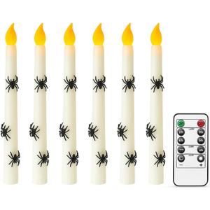 Baquler Halloween 3D Spider LED Taper Candles, 6 Packs Real Wax Flameless Taper Candles Battery Operated with Remote, Spooky Candlesticks for Halloween Decoration, Batteries Not Included (0.7" x 11")