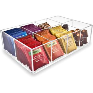 Acrylic Tea Bag Organizer - Clear Tea Storage Box, K Cup Coffee Pods Holder with 8 Compartments, Tea Station Organizer for Countertop, Modern Tea Display Stand
