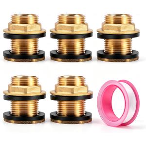 5 Pack Brass Bulkhead Fitting, 1/2'' NPT Female 3/4'' GHT Male Water Tank Connector Garden Hose Theaded for Rain Barrels, Aquariums, Water Tanks (with Rubber Ring and Packaging Tape)
