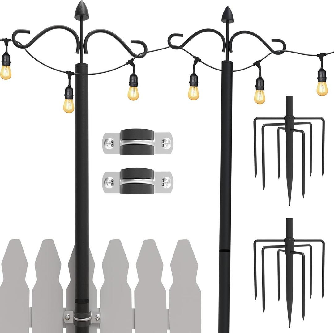 JACKYLED 2 Pack Outdoor String Lights Pole, Adjustable 9 Ft Tall Outdoor Metal Poles Stand with 2 Optional Hooks, 7 Prong Stable Long Foot for Hanging Outside Decorate Lighting (9 Feets)