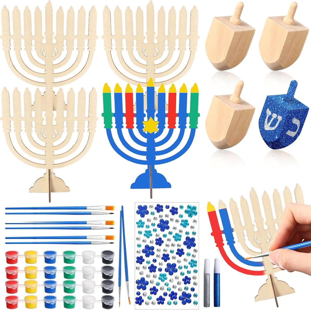 YumSur Hanukkah DIY Wooden Craft Kit, Make Your Own Menorah and Candles, Unfinished Blank Chanukah Christmas DIY Art Craft for Home Classroom Party Supplies