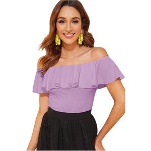 WDIRARA Women's Stretchy Off Shoulder Flounce Sleeve Sexy Slim Blouse Tops Shirt (XX-Large, Lilac Purple)