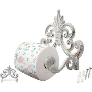 Fleur De Lis Cast Iron Toilet Paper Holder  Wall Mounted Tissue Dispenser  European Vintage Design  7.28" x 6.29" x 3.74"  Includes Screws and Anchors  Antique White