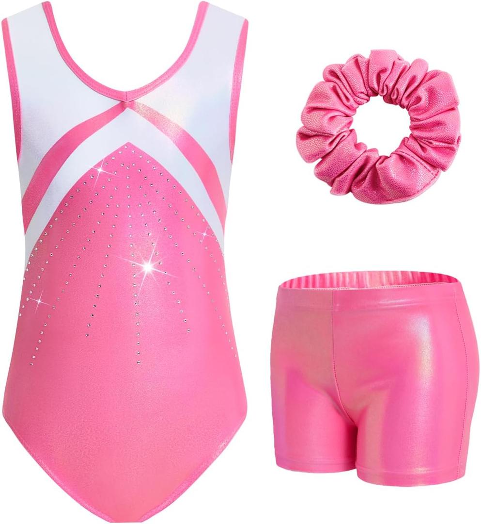 JiAmy Gymnastics Leotards for Girls with Shorts Sparkly Ballet Dance Outfit, 11-12 Years, Rose Red Diamond Set