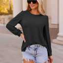 ZESICA Long Sleeve Eyelet Tops for Womens Crew Neck Spring Shirts Casual Loose Blouses 2026 Trendy Clothes (Black, S)