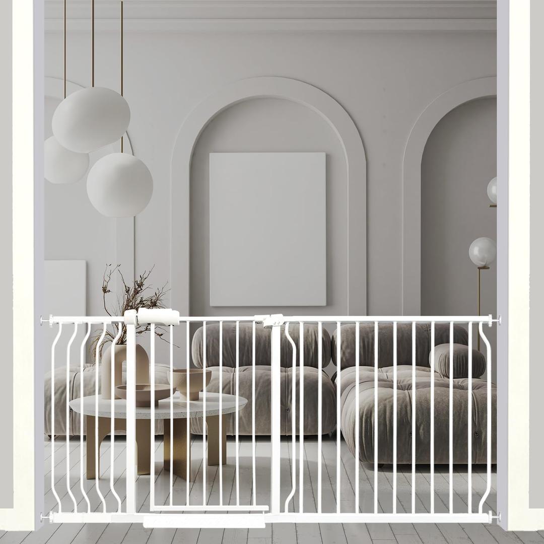 67-71.5 Inch Extra Wide Baby Gate, Pressure Mounted No Drill, Heavy-Duty Metal Safety Gate for Wide Stairs, White with Extension Kit 67-71.5 Inch Extra Wide Baby Gate, Pressure Mounted No Drill, Heavy-Duty Metal Safety Gate for Wide Stairs, White with Extension Kit