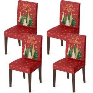 Horaldaily 4PCS Christmas Dining Red Chair Covers, Christmas Pine Tree Stars Stretch Removable Washable Slipcover Chair Protector for Dining Room Home Decor
