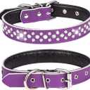 Rhinestones Dog Collar, Adjustable Sparkly Crystal Studded Genuine Leather Pet Dog Collar for Small and Medium Breeds (M fit Neck 12-15", Purple)