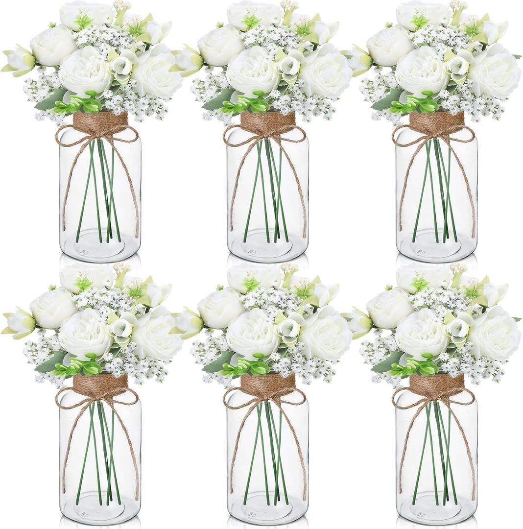 Zeyune 6 Sets Mason Jar Table Centerpiece with Artificial Peony Baby's Breath Flower Centerpieces Faux Flowers with Rope for Wedding Reception Engagement Bridal Shower Rustic Table Decor(White)