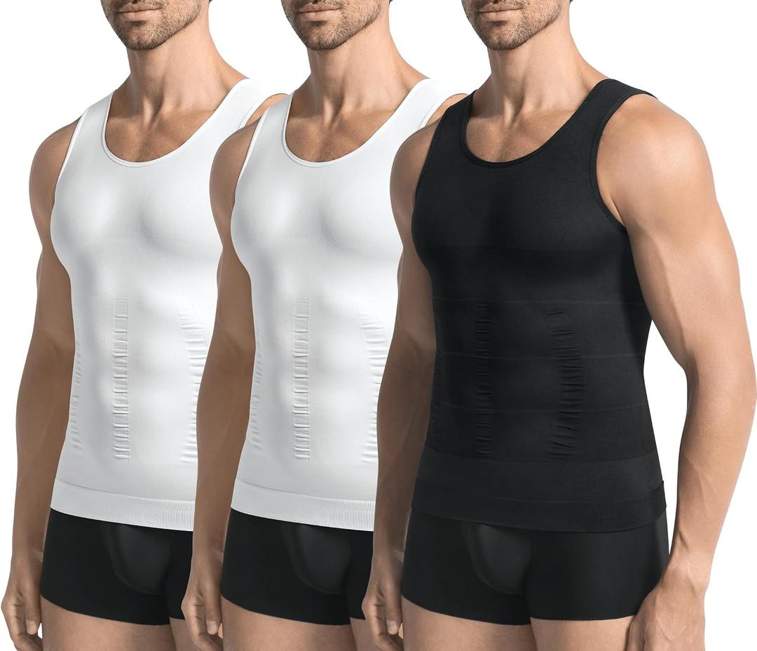 3 Pack Compression Shirt Men Slimming Body Shaper Tummy Control Vest Workout Tank Top Shapewear, 2XL
