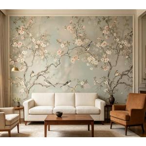 Pastel Chinoiserie Bird Floral Branch Wallpaper Peel and Stick