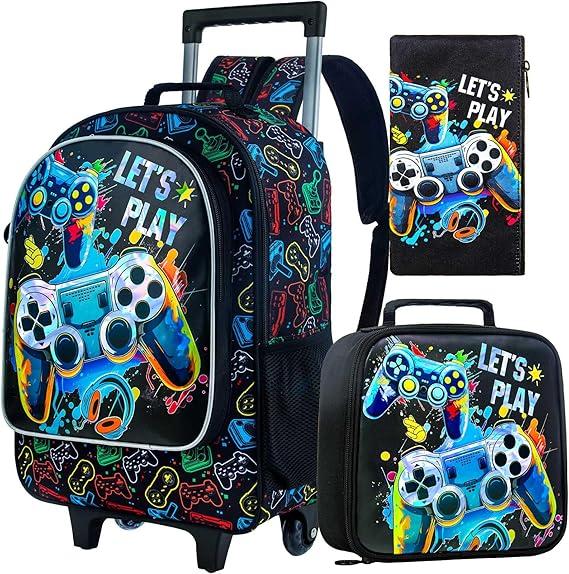 KLFVB Rolling Backpack for Girls Boys, Kids Roller Wheels School Bookbag with Lunch Bag, Wheeled School Bag for Children