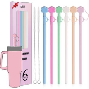 AHJ Replacement 12 inch Long Silicone Straw With Straw Cover, Compatible with Stanley 40 oz 30 oz Cup Tumbler, 6 Pack Reusable Straw with Cleaning Brush, for Stanley Tumbler Accessorie
