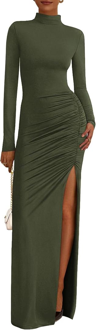 BTFBM Formal Dresses for Women 2026 Spring Long Sleeve Mock Neck Ruched Bodycon Slit Maxi Wedding Guest Dress Cocktail (XL)