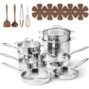 CAROTE 21pcs Tri-Ply Stainless Steel Cookware Set, Pots and Pans Set, Non Toxic Induction Kitchen Cooking Sets, Cookware Collection, Silver