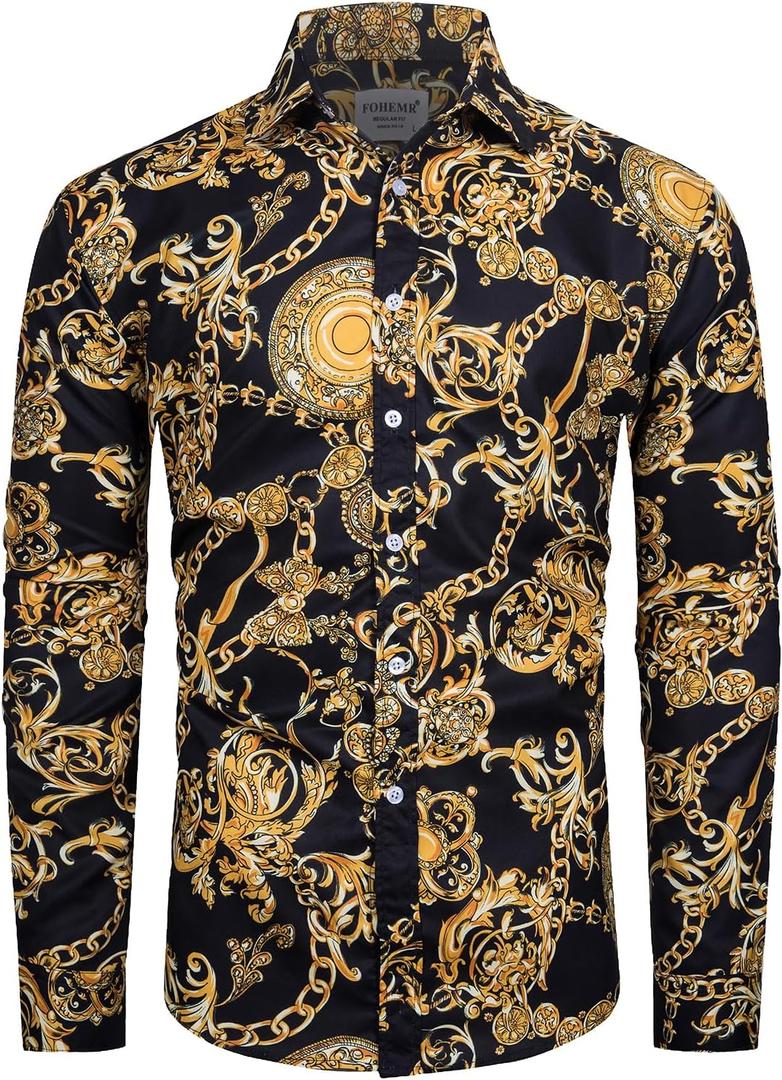 fohemr Mens Luxury Dress Shirts Baroque Gold Chain Print Casual Long Sleeve Button Down Buchona Shirt for Party (Black, XL)