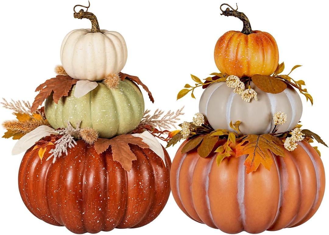 2Pcs 14"Large Stacked Pumpkin Tower Decor, Coffee&Orange‑Red Hard Foam Artificial Pumpkin Topiaries with Maple Leaves Wheat, Harvest Fall Ornament for Halloween Thanksgiving Table Porch Decor