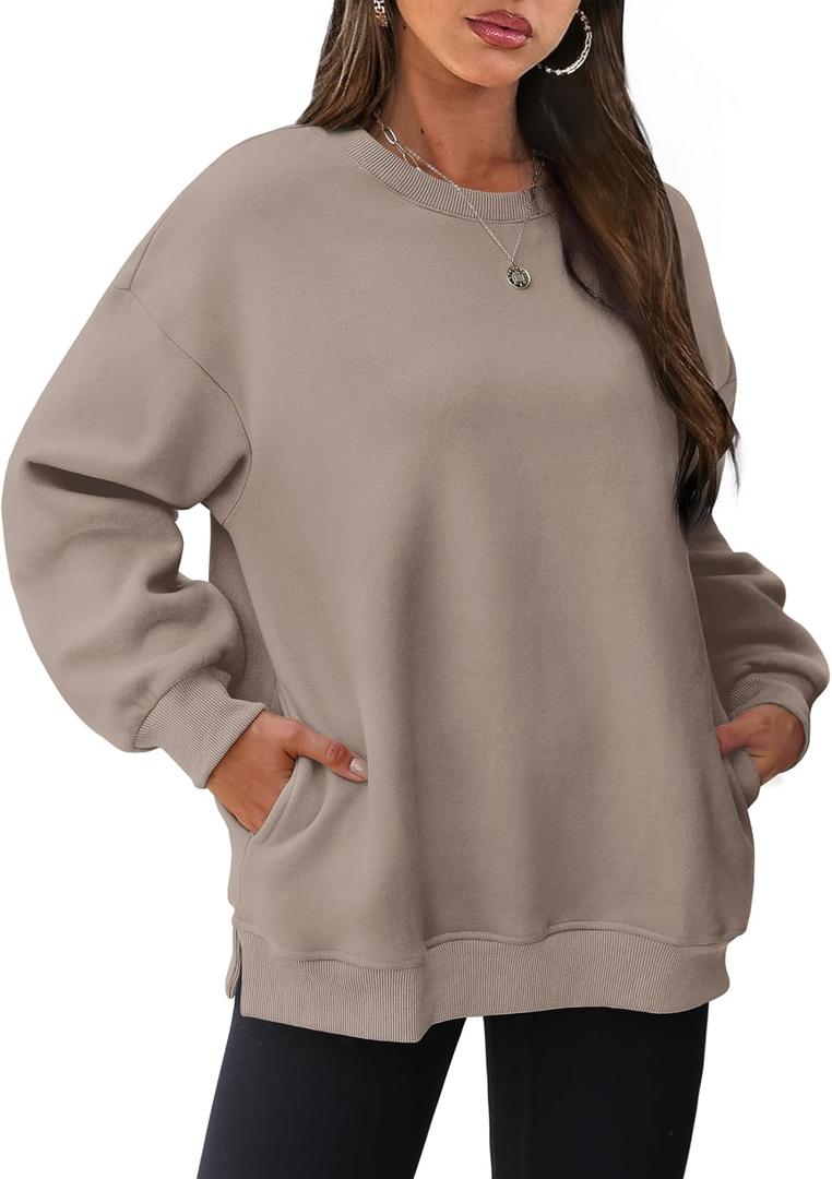 WIHOLL Womens Oversized Sweatshirts Crewneck Long Sleeve Tops Fleece Pullover Fall Fashion Clothes with Pocket (Large, Coffee Grey)