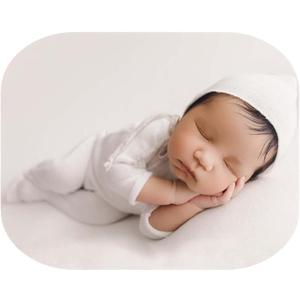 Vemonllas Newborn Photography Props Boys Girls Outfits Sleepy Hat Bonnet & Footed Romper Bodysuit Photoshoot Costume Set (Middle White)